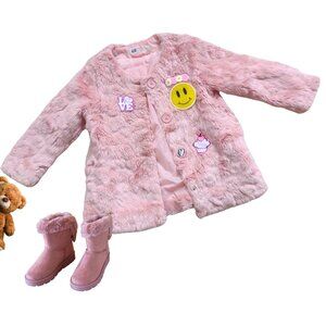 H&M collarless girls faux fur pink  pockets patchwork smiley face soft cozy 3-4Y